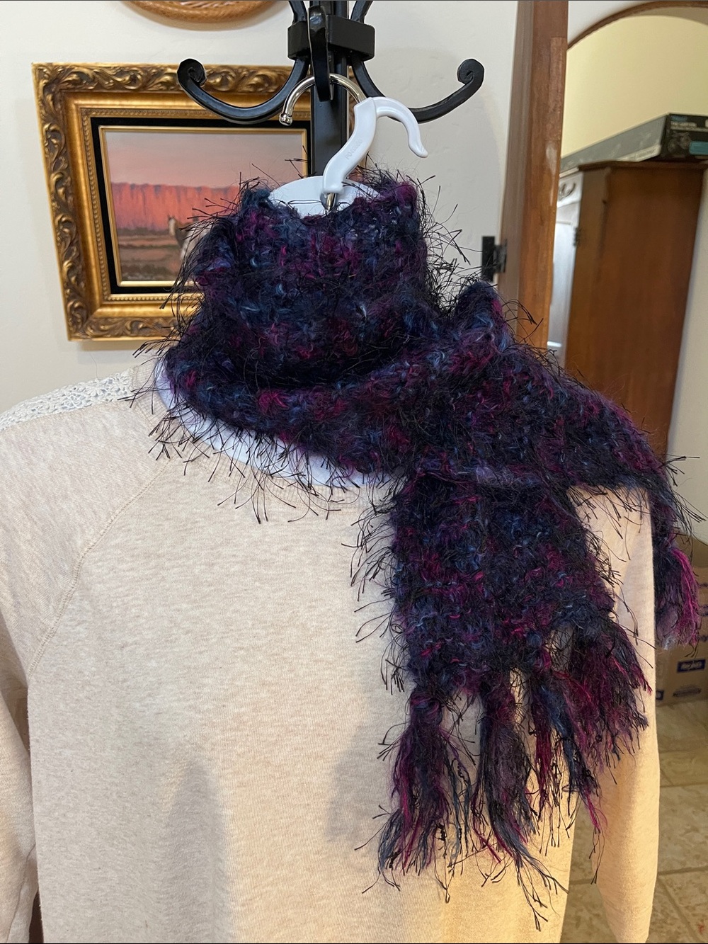 Fuzzy Knit Scarf in Deep Navy & Plum